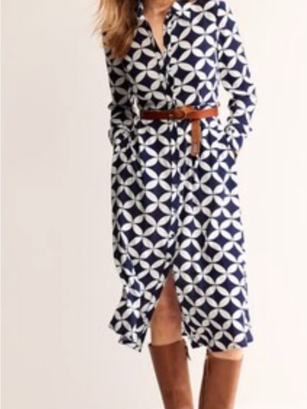 Boden Navy and White Geometric Tie-Waist Shirt Dress - Picture 3 of 8